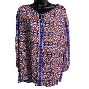 Grace & Greene Shirt Womens Large‎ Red Blue Boho Peasant Top Rayon Geometric